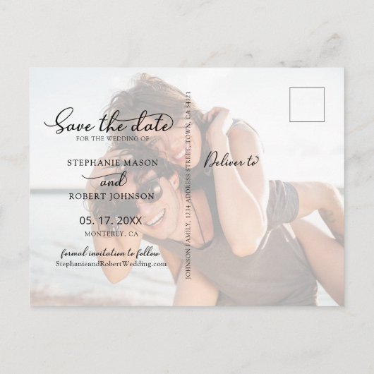 Budget Kalligrafie 3 Fotocollage De datum opslaan Aankondigingskaart (Achterkant)