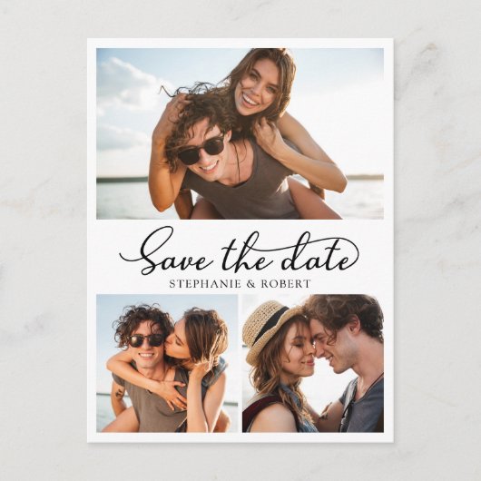 Budget Kalligrafie 3 Fotocollage De datum opslaan Aankondigingskaart (Voorkant)