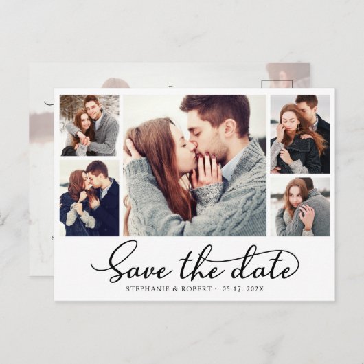 Budget Kalligrafie 5 Fotocollage De datum opslaan Aankondigingskaart (Voorkant / Achterkant)