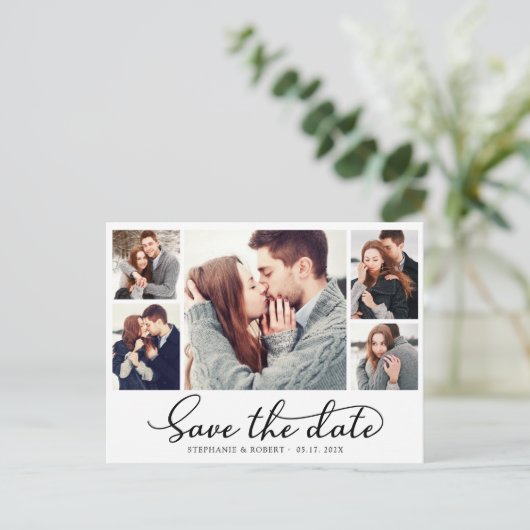 Budget Kalligrafie 5 Fotocollage De datum opslaan Aankondigingskaart (Staand voorkant)