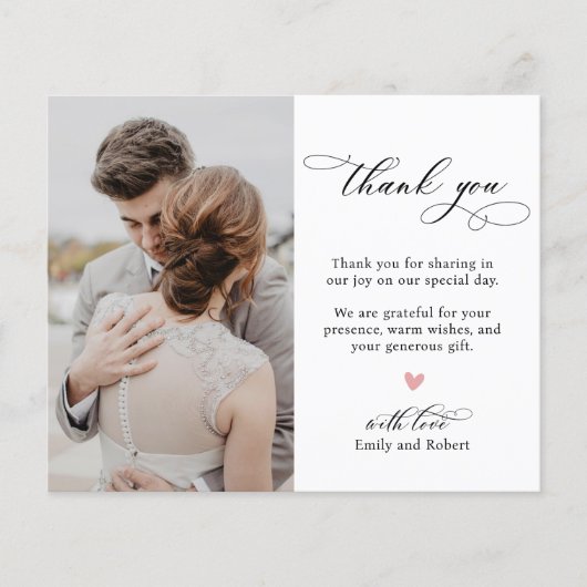 Budget kalligrafie bruiloft dank u fotokaart (Voorkant)