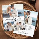 Budget kalligrafie collage bruiloft dank u flyer<br><div class="desc">Budget, Minimalistische Modern Elegant "Liefde en bedankt" Script 3 Fotocollage Bruiloft Dank u gepersonaliseerde goedkope low budget flyer. Stijlvolle bruiloft dank u papier sjabloon met vier (3) foto op de voorkant en een foto op de achterkant. Met de tekst "Liefde en bedankt" in een wervelende hand geletterde kalligrafie script lettertype...</div>