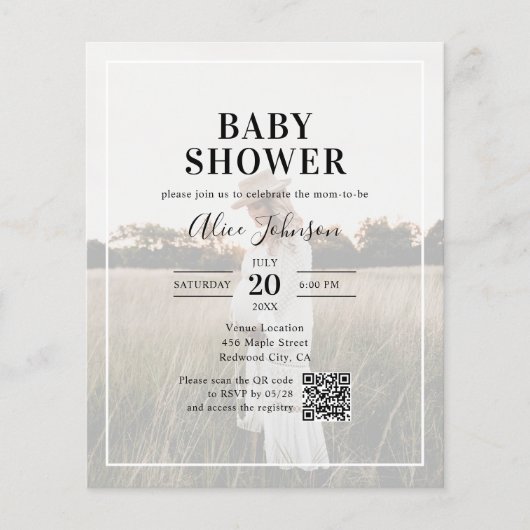 Budget Kalligrafie QR Code Foto Baby shower (Voorkant)
