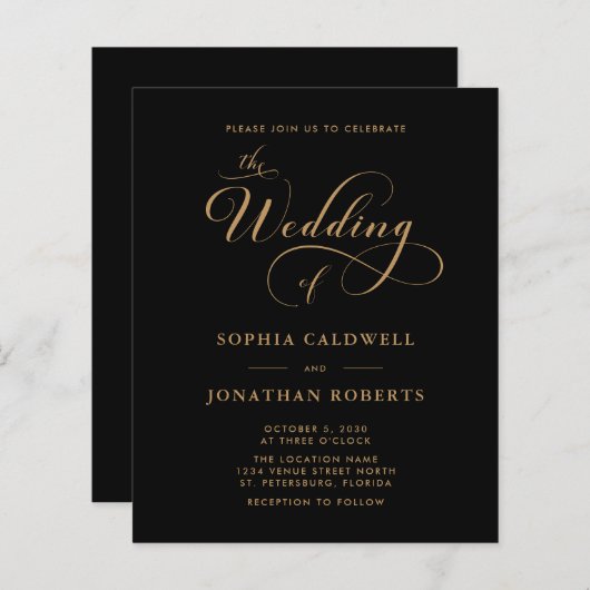 Budget Kalligrafie QR Code Zwart Goud Trouwen (Voorkant / Achterkant)