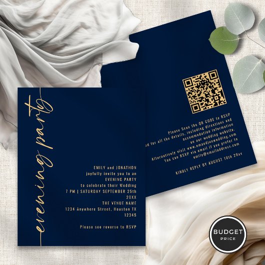 Budget Kalligrafie QR Navy Huwelijksavond Party