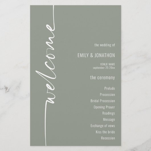 BUDGET Kalligrafie Sage Groen Huwelijksprogramma (Voorkant)