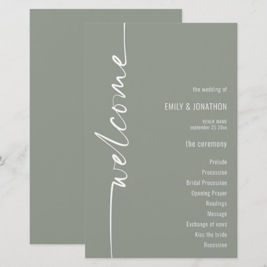 BUDGET Kalligrafie Sage Groen Huwelijksprogramma (Voorkant / Achterkant)