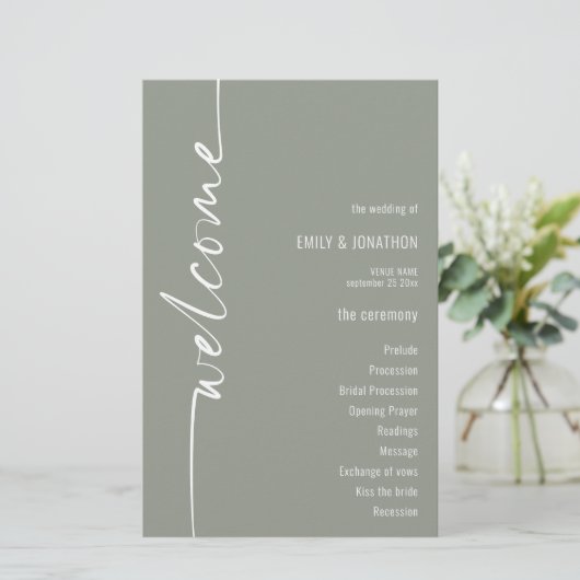 BUDGET Kalligrafie Sage Groen Huwelijksprogramma (Staand voorkant)