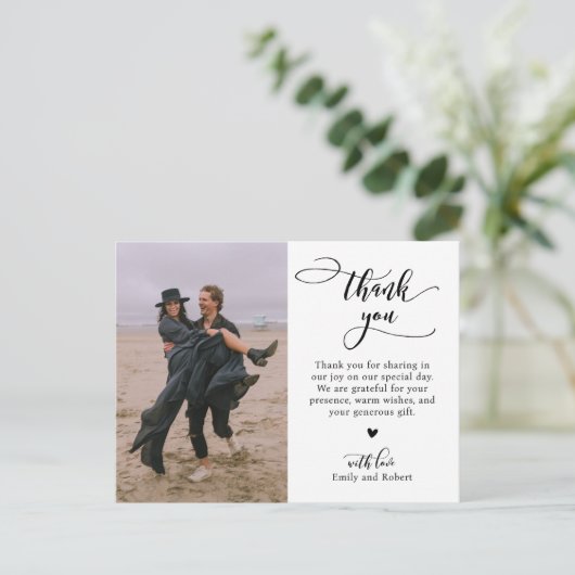 Budget kalligrafie script foto bruiloft dank u briefkaart (Staand voorkant)