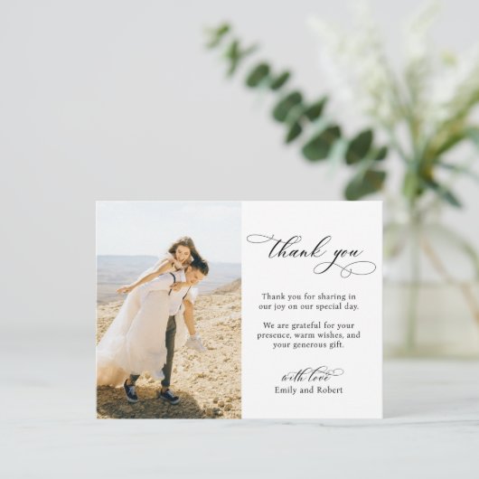 Budget kalligrafie script foto bruiloft dank u briefkaart (Staand voorkant)