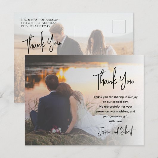 Budget kalligrafie script foto bruiloft dank u briefkaart (Voorkant / Achterkant)