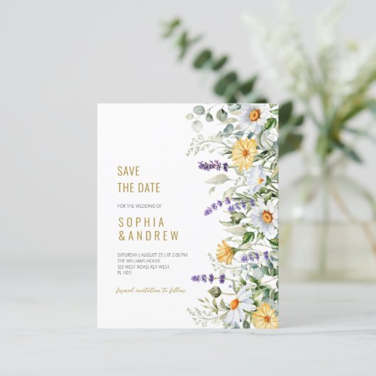 Budget Kamille & Eucalyptus Save the Date Nodig (Staand voorkant)