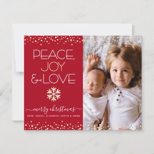 Budget Kerst Foto Rood Goud Vrede Liefde Kaart (Voorkant)