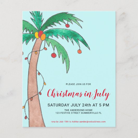 Budget Kerst In Juli Feest Palm Uitnodiging (Voorkant)