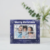 Budget kerstblauwe zilverfotokaart (Staand voorkant)