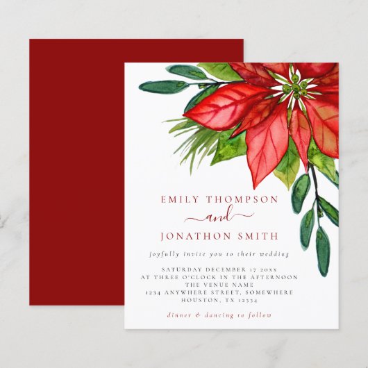 Budget kerstbruiloft Poinsettia Wedding Invite (Voorkant / Achterkant)