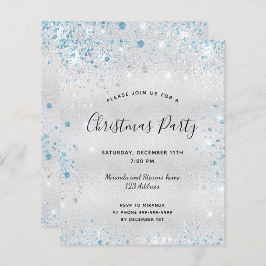 Budget kerstfeest uitnodiging met zilver glitters (Voorkant / Achterkant)