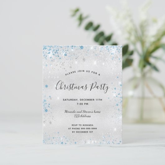 Budget kerstfeest uitnodiging met zilver glitters (Staand voorkant)