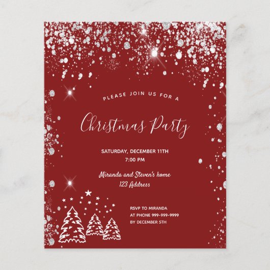 Budget kerstfeestfeest roodzilver uitnodiging (Voorkant)