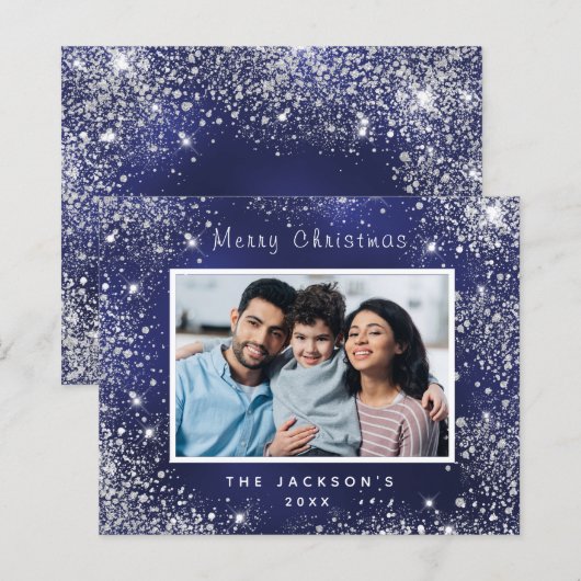 Budget kerstfoto blauw glitterstof zilver (Voorkant / Achterkant)
