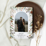 Budget Kerstmis 1 foto boogvakantie met waterverf Notitiekaartje<br><div class="desc">Begroting Vrolijk kerstfeest moderne elegante waterverf droogde botanische florale gedempte kleuren vakantiegolf 1 foto kerstkaart ontwerp.</div>