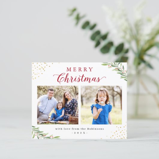 Budget Kerstmis Gebladerte 2 Fotokaarten (Staand voorkant)