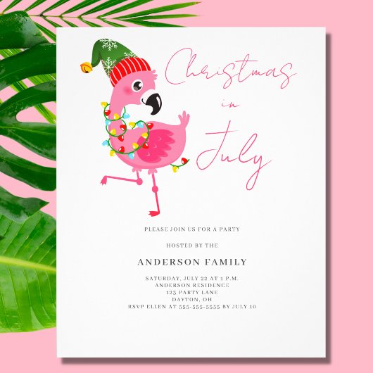 Budget Kerstmis in juli Flamingo Party Uitnodiging Flyer