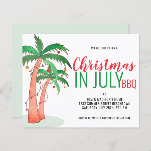 Budget Kerstmis in juli Uitnodiging BBQ (Voorkant / Achterkant)