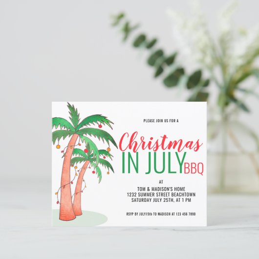 Budget Kerstmis in juli Uitnodiging BBQ (Staand voorkant)