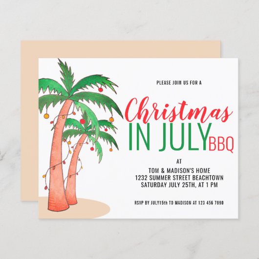 Budget Kerstmis in juli Uitnodiging BBQ (Voorkant / Achterkant)