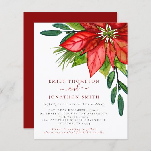 Budget Kerstmis QR Code Poinsettia Wedding Invite (Voorkant / Achterkant)