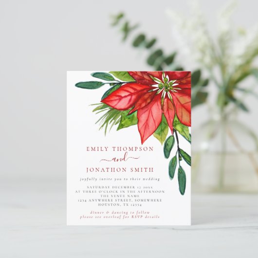 Budget Kerstmis QR Code Poinsettia Wedding Invite (Staand voorkant)