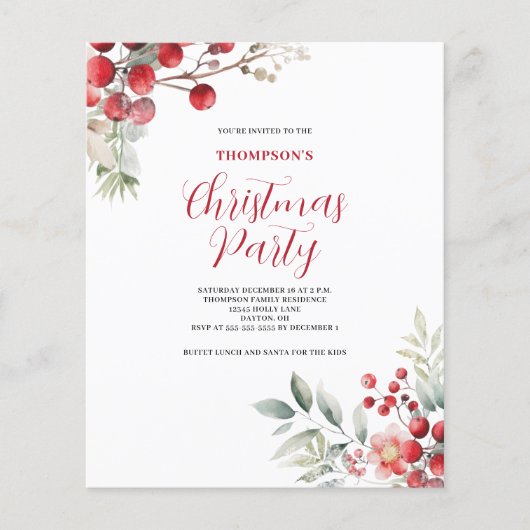 Budget Kerstmis Rode bessen Bloemen Party Uitnodig Flyer (Voorkant)