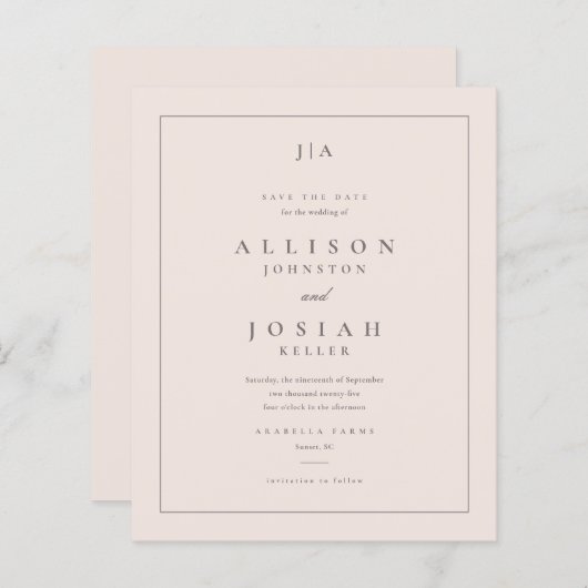 Budget Klassiek Monogram Huwelijk Bewaar De Datum (Voorkant / Achterkant)