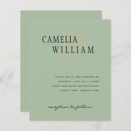 BUDGET Klassieke Sage Green Gold Wedding Invite (Voorkant / Achterkant)
