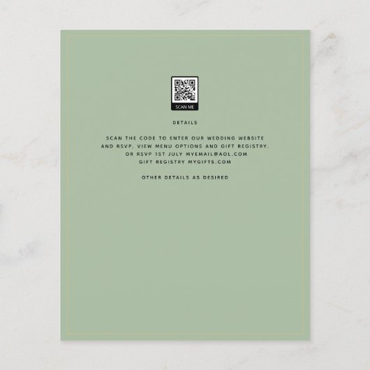 BUDGET Klassieke Sage Green Gold Wedding Invite (Achterkant)