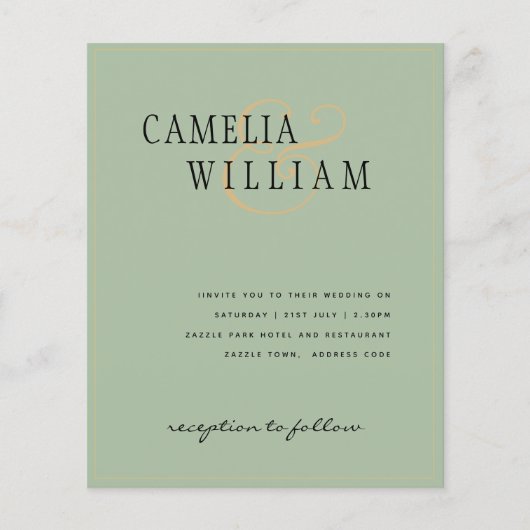 BUDGET Klassieke Sage Green Gold Wedding Invite (Voorkant)