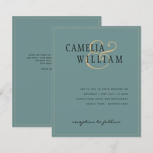 BUDGET Klassieke saliegroen gouden trouwuitnodigin (Voorkant / Achterkant)