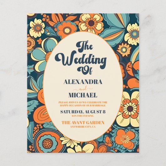 Budget Kleurrijke Groovy Retro 70s Bloemenbruiloft (Voorkant)