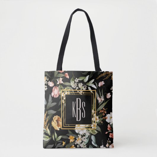 Budget Kopen Monogram Waterverf Art Florals Zwart Tote Bag (Voorkant)