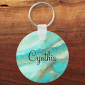 Budget Kopen, Turquoise Marmer Gouden Print Sleutelhanger (Voorkant)