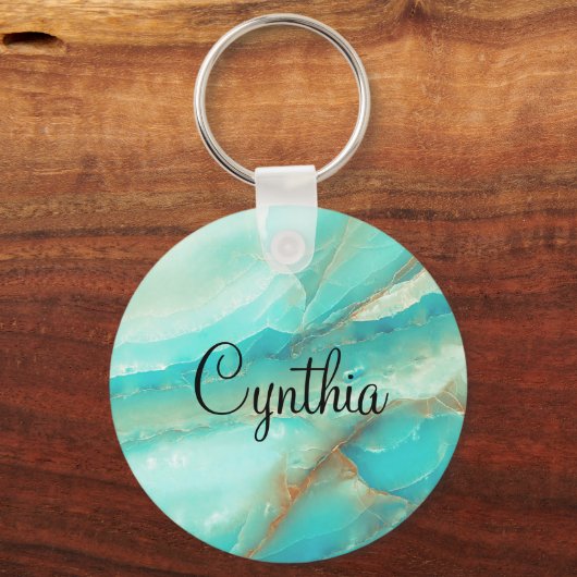 Budget Kopen, Turquoise Marmer Gouden Print Sleutelhanger (Voorkant)