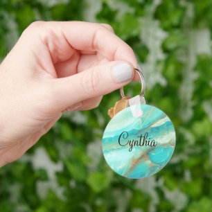 Budget Kopen, Turquoise Marmer Gouden Print Sleutelhanger
