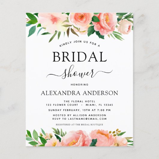 Budget Koral Peach Floral Bridal Shower Flyer (Voorkant)