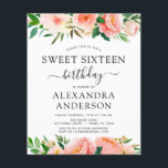 Budget Koral Peach Floral Sweet Sixteen Flyer<br><div class="desc">Budget Coral,  Peach en white Floral en Eucalyptus Greenery Botanical Spring of Summer Pastel Sweet Sixteen (16e) Birthday Party Celebration Invitations - omvat mooie en elegante scripttypografie met moderne botanische bloemen en groen voor de speciale viering op de verjaardag van de verjaardag.</div>