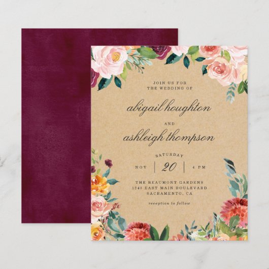 Budget Kraft Burgundy Blush Pink Floral Wedding (Voorkant / Achterkant)