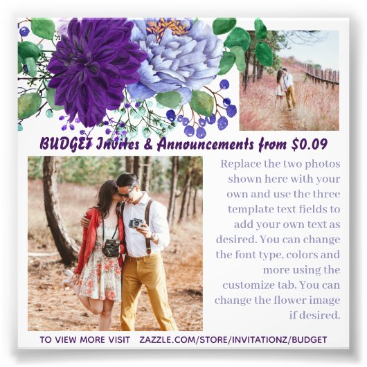 BUDGET Landelijke BLAUWE Bloemen Foto Tekst Sjablo Afdruk (Voorkant)