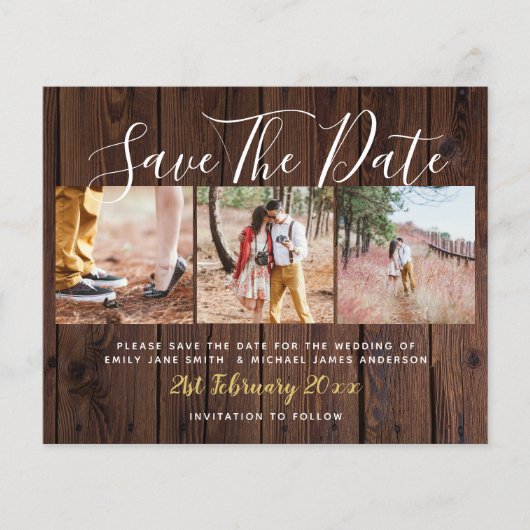 Budget Landelijke Fotocollage Save The Dates Hout (Voorkant)