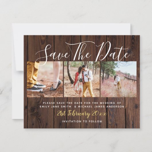 Budget Landelijke Fotocollage Save The Dates Houte (Voorkant)