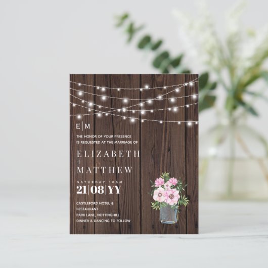 Budget Landelijke Houten Roze Bloemen Trouwkaarten (Staand voorkant)